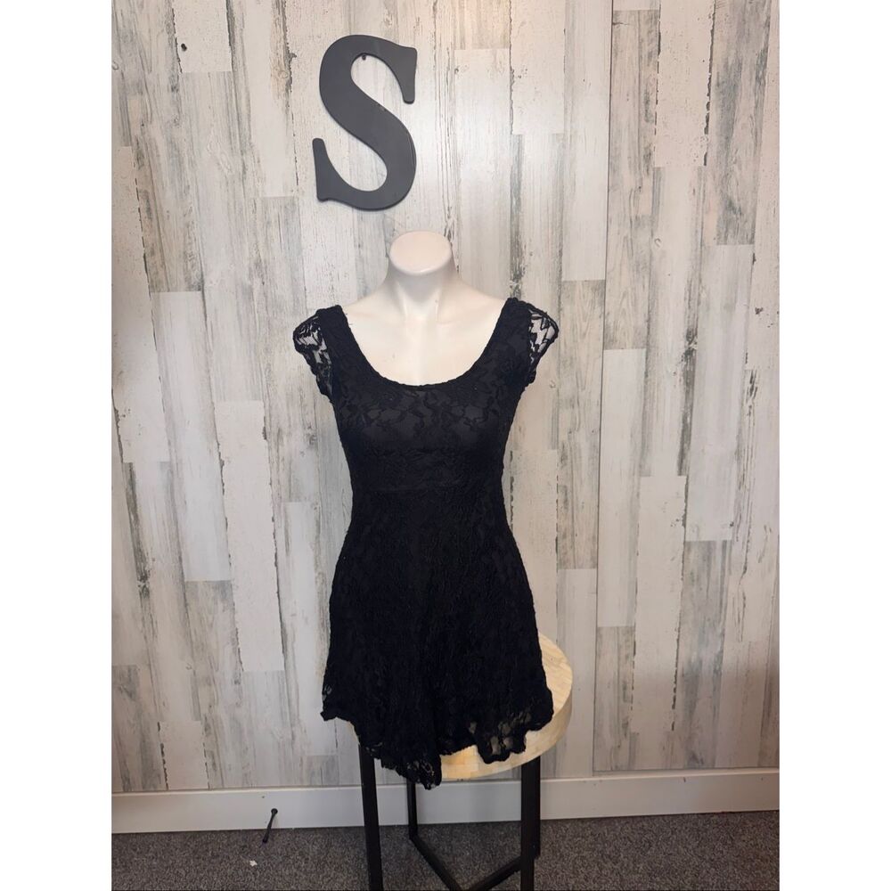 Iris Black Lace Skater Dress Size S Sheer Floral Fit & Flare